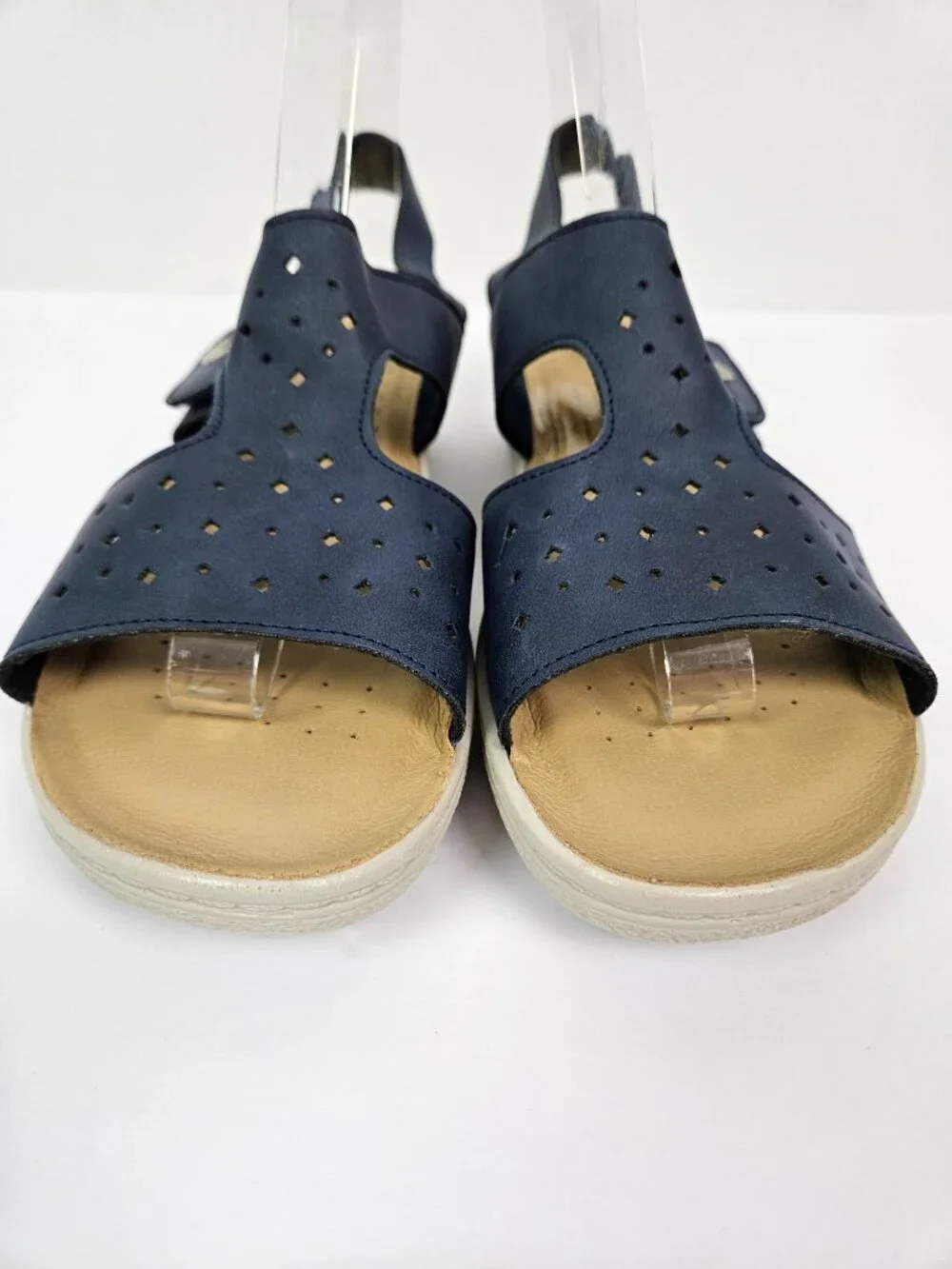 Fly Flot Piumatech Perforated Navy Blue Faux Leather Strappy Wedge Sandal 41/9.5